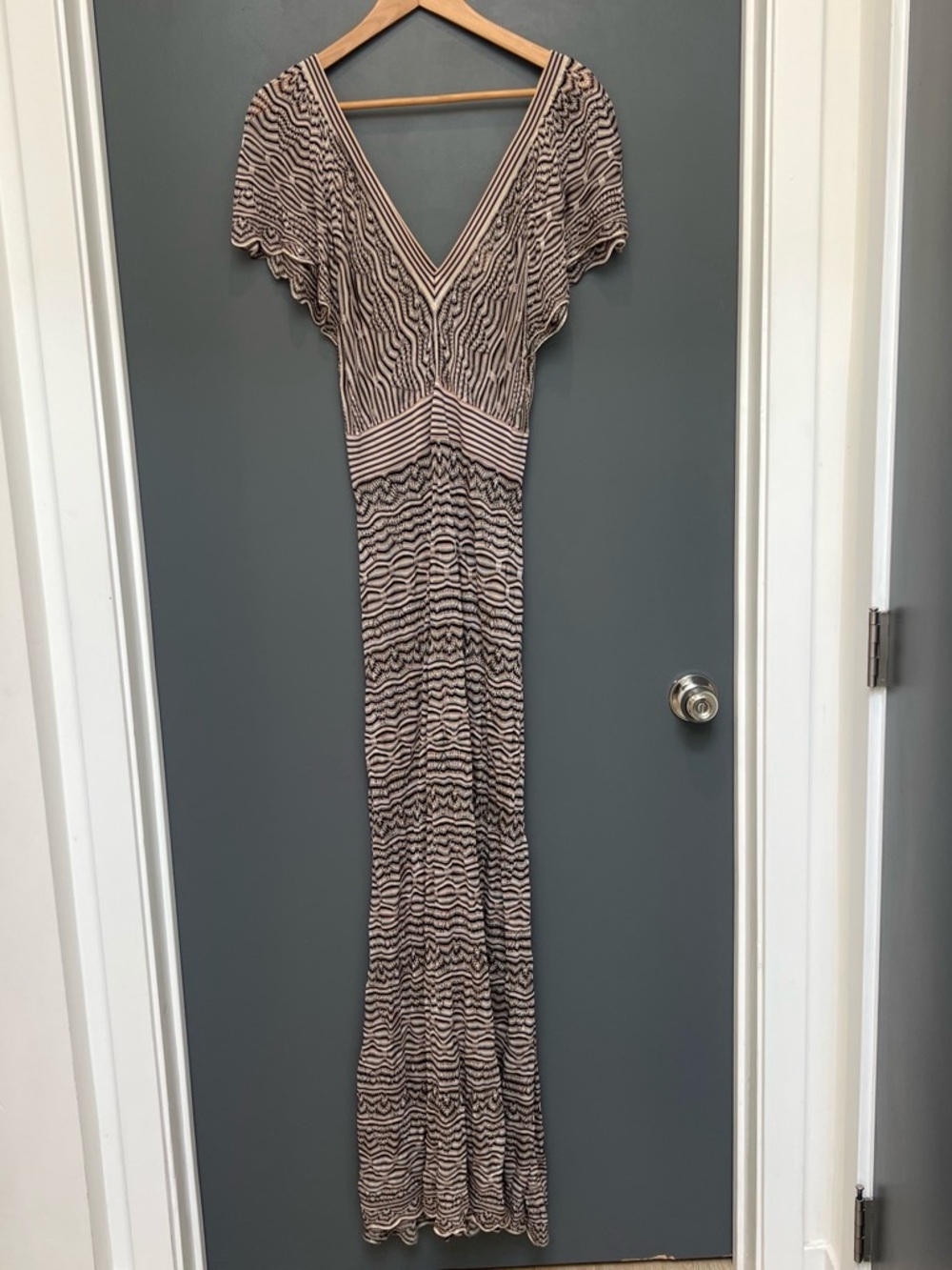 Arden B V-Neck Maxi Dress in Beige and Black Stripe
